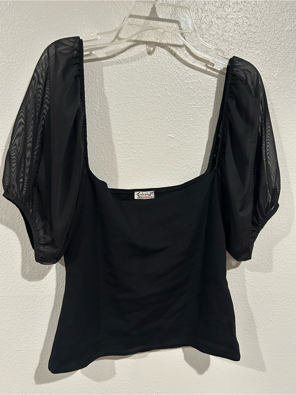 Free People Black Puff Sleeve Square Neck Blouse
